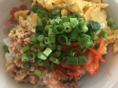 玉子とキムチと小ネギと納豆の彩り丼